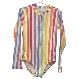 NWT Quince Girls Rainbow Stripe Long Sleeve Swimsuit Rash Guard - SIze 10